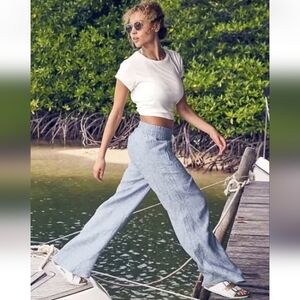 Athleta Womens 12 Blue Drawstring Cabo Linen Wide Leg Pants High Rise Pockets